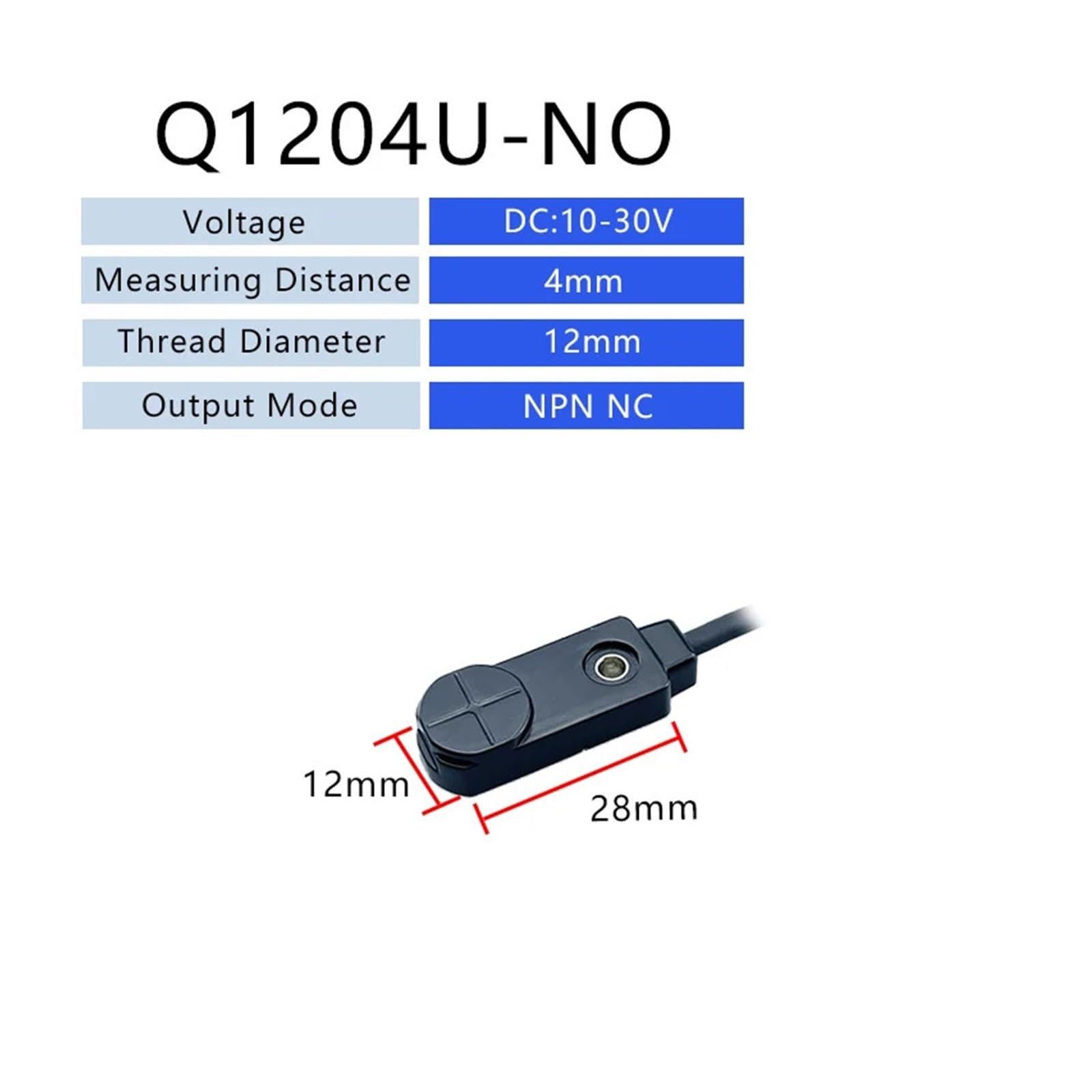 Kwadratowy czujnik zbliżeniowy Q12 NPN PNP 10-30 V DC 3 przewody IP67 Wykrywanie odległości 4 mm Metalowy przełącznik czujnika z kablem 2 m (Q1204U-NO)