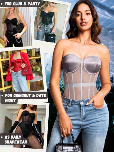 Image of Kaei&Shi Sheer Mesh Overbust Corset,Sexy Strapless Lace Up Satin Bra Corsets Top For Women Shapewear