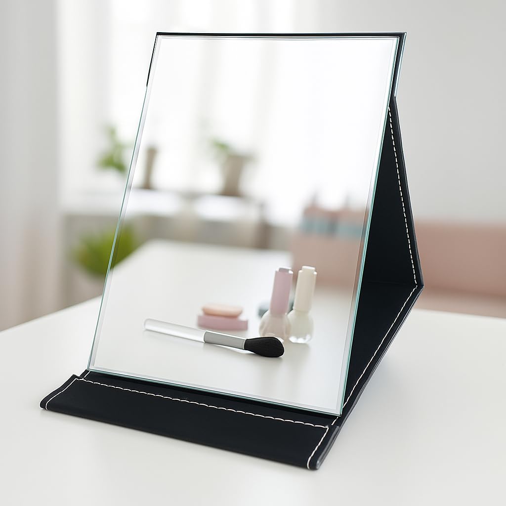 seenoz rectangular folding compact mirror - compact size frameless portable vanity mirror, pu leather table-top cosmetic mirror, adjustable hd mirror for office desk, table, travel (pack of 1, black)