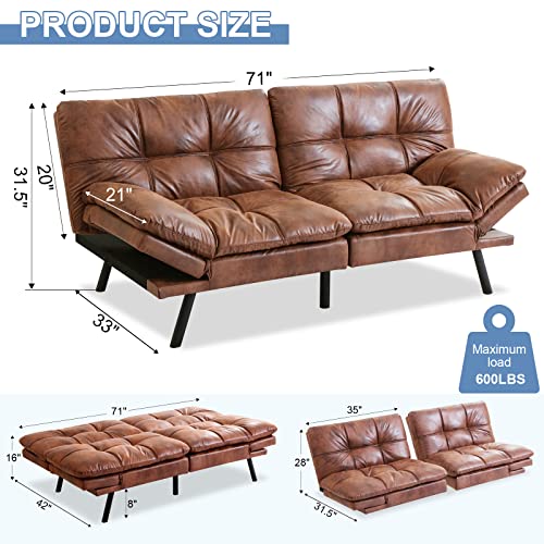 Muuegm Futon Sofa Bed Convertible Memory Foam Sleeper Couch Bed For Living Room,Modern Faux Leather Fabric Lounge Loveseat W/Adjustable Backrest Armrests,Splitback Daybed For Small Compact Space,Brown #TOP1