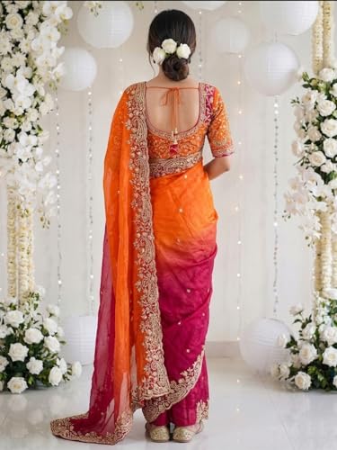Image of SIRIL Women's Shimmer Chiffon Scalloped Border Sequins Embroidery Saree With Unstitched Blouse Piece