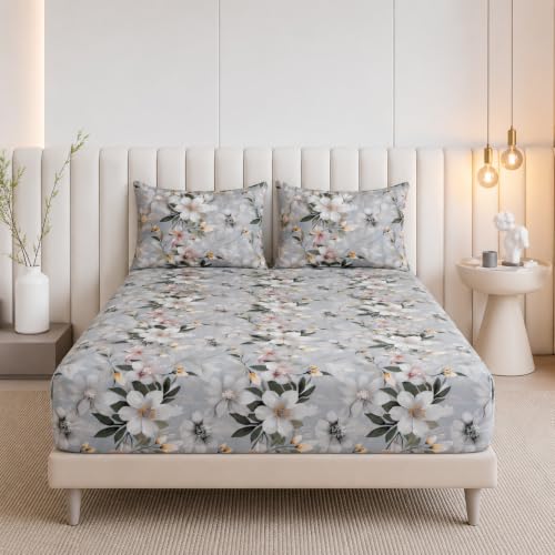 Image of 400TC Cotton Feel Glace Cotton Double Bed Fitted Bedsheet Set || Includes 1 Elastic Bedsheet King Size Cotton & 2 Pillow Covers (78 x 72 Inches, GreyMangla)