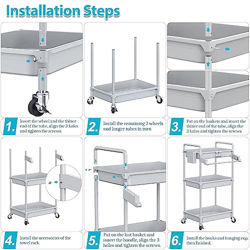 SPACEKEEPER Rolling Storage Cart, 3 Tier Utility Cart Laundry Room Organization Mobile Shelving Unit Bathroom Organizer with Towel Rack, Lockable Wheel, Hooks & Cup for Kitchen Office, Grey - Thumbnail 7