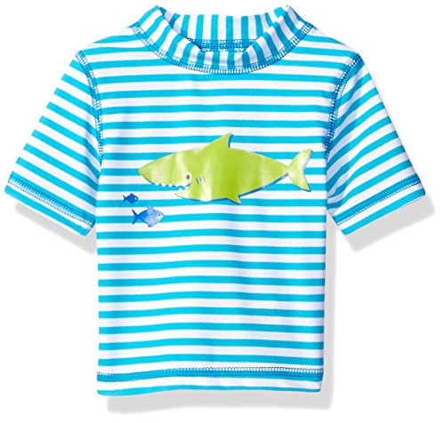 Little Me Baby Boys' Short Sleeve Rashguard Swim Shirt UPF 50+ , Blue Stripe/Shark, 18 Months