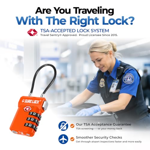 Image of SURE LOCK TSA Compatible Travel Luggage Locks, Inspection Indicator, Easy Read Dials (Orange 2 Pack)
