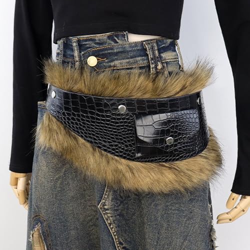 Halloween Costume Women Vintage Faux Fur Belt Medieval Viking Punk PU Leather Waistband Cosplay Accessory Furry Belt3