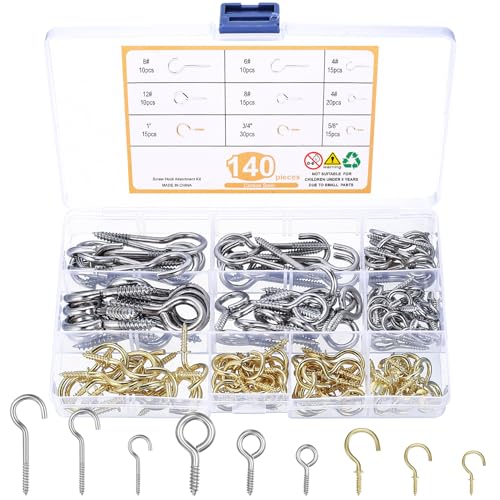 140Stk Schraubhaken Set,Hakenschrauben Sortiment,Edelstahl Einschraubhaken Schraubenhaken zum Schrauben,Ösenschrauben mit Holzgewinde,Ösenhaken Schraubösen Ringschrauben für Tassen Lampen Dekoration