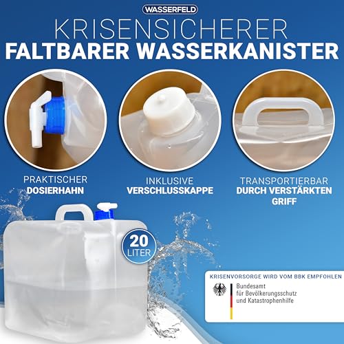 WASSERFELD ® [1x20L] Wasserkanister Faltbar inkl. auslaufsicherem Dosierhahn & Tragehenkel - Robuster Trinkwasserkanister mit Verschlussklappe - Auslaufsicherer Wasserbehälter 3
