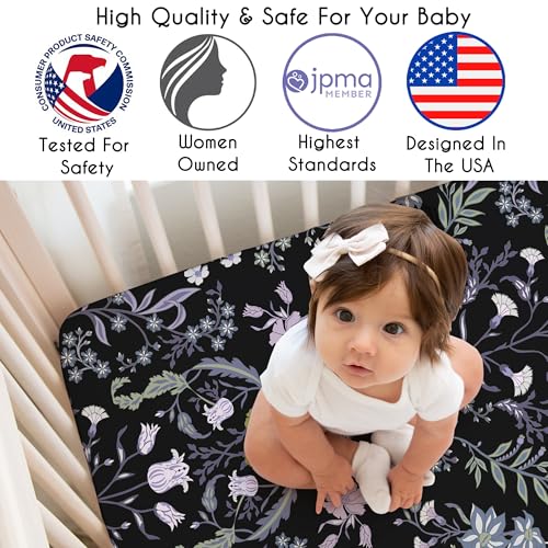 Image of Sweet Jojo Designs Fitted Baby Crib Sheets (Black & Purple Wildflower Vintage Floral) for Girls, Infant Nursery, Toddler Room - Standard Size (Boho, Paisley, Bohemian, Cottagecore, Farmhouse, Flower)