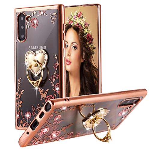 Miniko Galaxy Note 10 Plus 5G Case Pink Ring, (TM) Soft Slim Bling Rhinestone Floral Crystal TPU Plating Rubber Case for Women with Detachable 360 Finger Ring Holder Stand for Galaxy Note 10+ 5G 2019