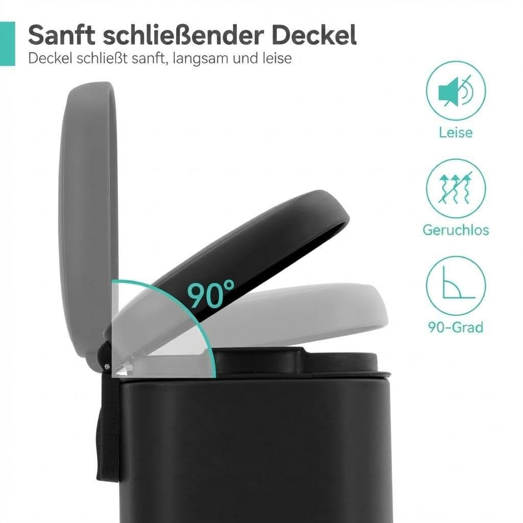 GarveeHome 5L Treteimer Edelstahl, Soft-Close, Anti-Fingerabdruck, Schwarz | Rostfrei; Abfalleimer; Inneneimer; Bad; Küche; Büro; Hygiene; Geräuschlos; Robust; Schmal; Kompakt; Kosmetikeimer; Tretpedal