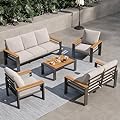 Aluminum Outdoor Patio Furniture Set, 7 Seats Outdoor Sectional with Coffee Table, Patio Conversation Sets with Upgraded Armrests and Cushions for Backyard, Garden and Poolside
