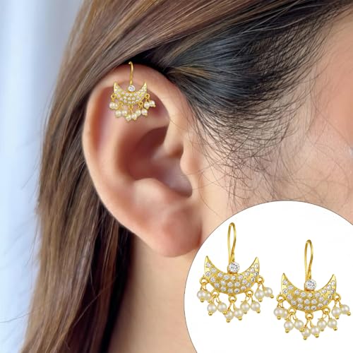 Image of VAMA FASHIONS 18K Gold Plated Anti Tarnish Half Moon Peacock Shape Traditional Maharashtrian Press on Bugadi Upper Ear Clip on Earrings For Women & Girls