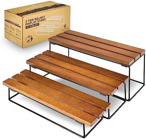 Risers for Display for Food-Wooden Cupcake Stand 3-Tier Wooden Display Stand with Black Metal Base, Rectangle Tower Display Stands for Vendor Events Walnut Wood (12" Set)
