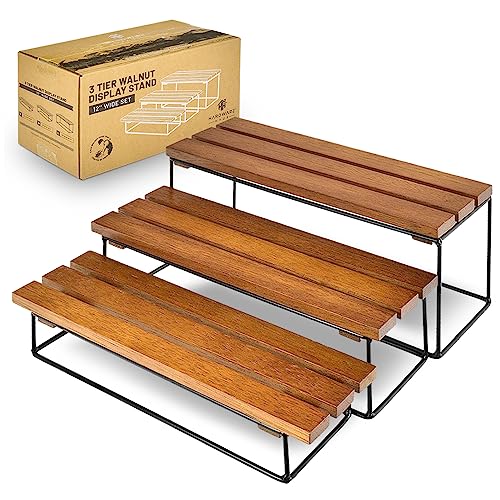 Risers For Display For Food-Wooden Cupcake Stand 3-Tier Wooden Display Stand With Black Metal Base, Rectangle Tower Display Stands For Vendor Events Walnut Wood (12" Set) #TOP1