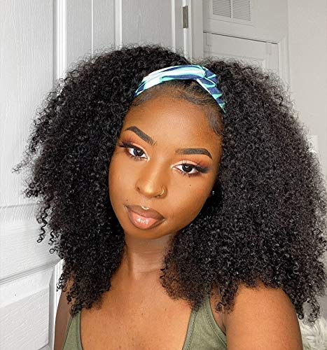 Headband Wigs for Black Women Human Hair Afro Kinky Curly Half Wigs for Black Women 14 Inch Glueless Non Lacefront Wigs With Real Hair for Women Natural Color