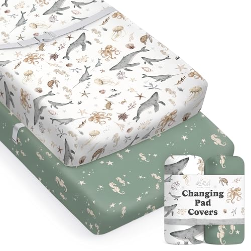 Image of Baby Changing Pad Cover 2-Pack for Boys, Girls (Ocean Odyssey) - Premium Fitted Sheets Baby Diaper Changing Table Cover - Buttery Soft Cotton Blend