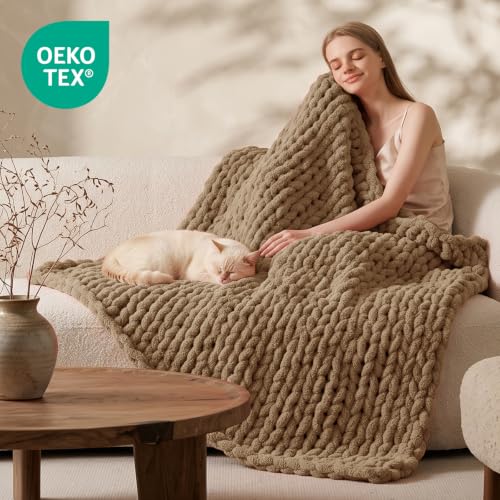 Image of L'AGRATY Chunky Knit Throw Blanket for Couch, 50'' x 70'' Knit Throw, Brown
