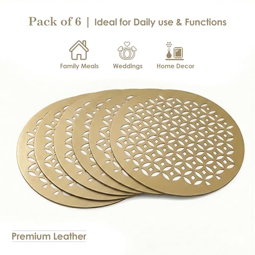Image of Kuber Industries Leather Round Table Mats Set of 6 | Reusable and Washable Dining Table Mat for Party, Wedding and Family Functions | Golden
