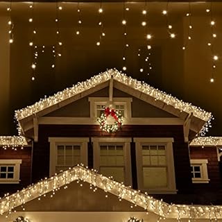 ANSIO® Outdoor Christmas Lights 220 LED 7.5m/24ft Icicle Lights Outdoor & Indoor Warm White Decorations String Fairy Outside Lights with Timer for Xmas Garden Bedroom & Party|Mains Powered Green Cable