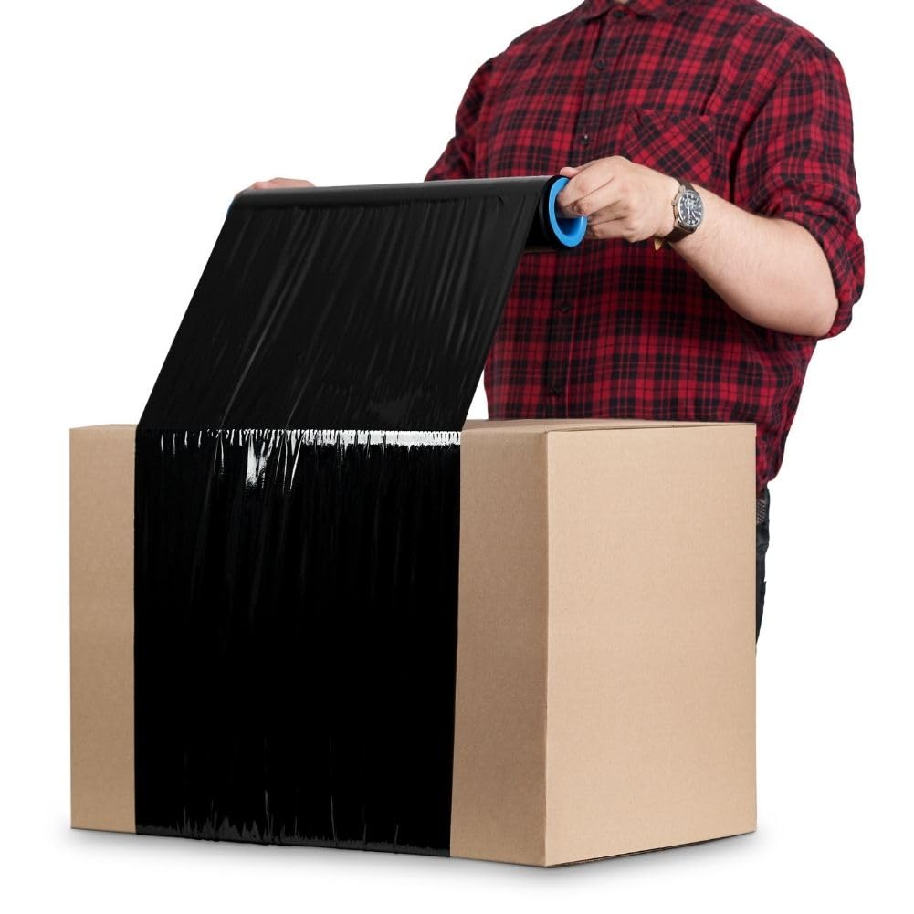 RAGO® Film Negro para Embalar 130m I Rollos de Plastico 0,85kg I Film para Embalar I 7,5 x 7,5 x 40 cm I Papel film I Rollos de Plastico para Embalar I Plastico Embalaje +dispensador