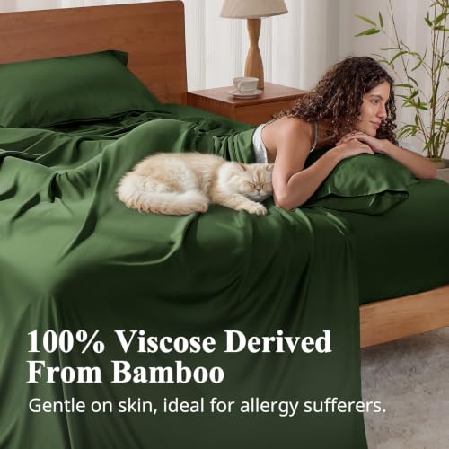 Image of Queen Size Sheet Set, Viscose Bamboo Sheets for Bed Set 4pcs, 100% Viscose Derived from Bamboo, Hotel Luxury Silky & Cooling for Hot Sleepers, Deep Pocket Up to 17 inch, Olive