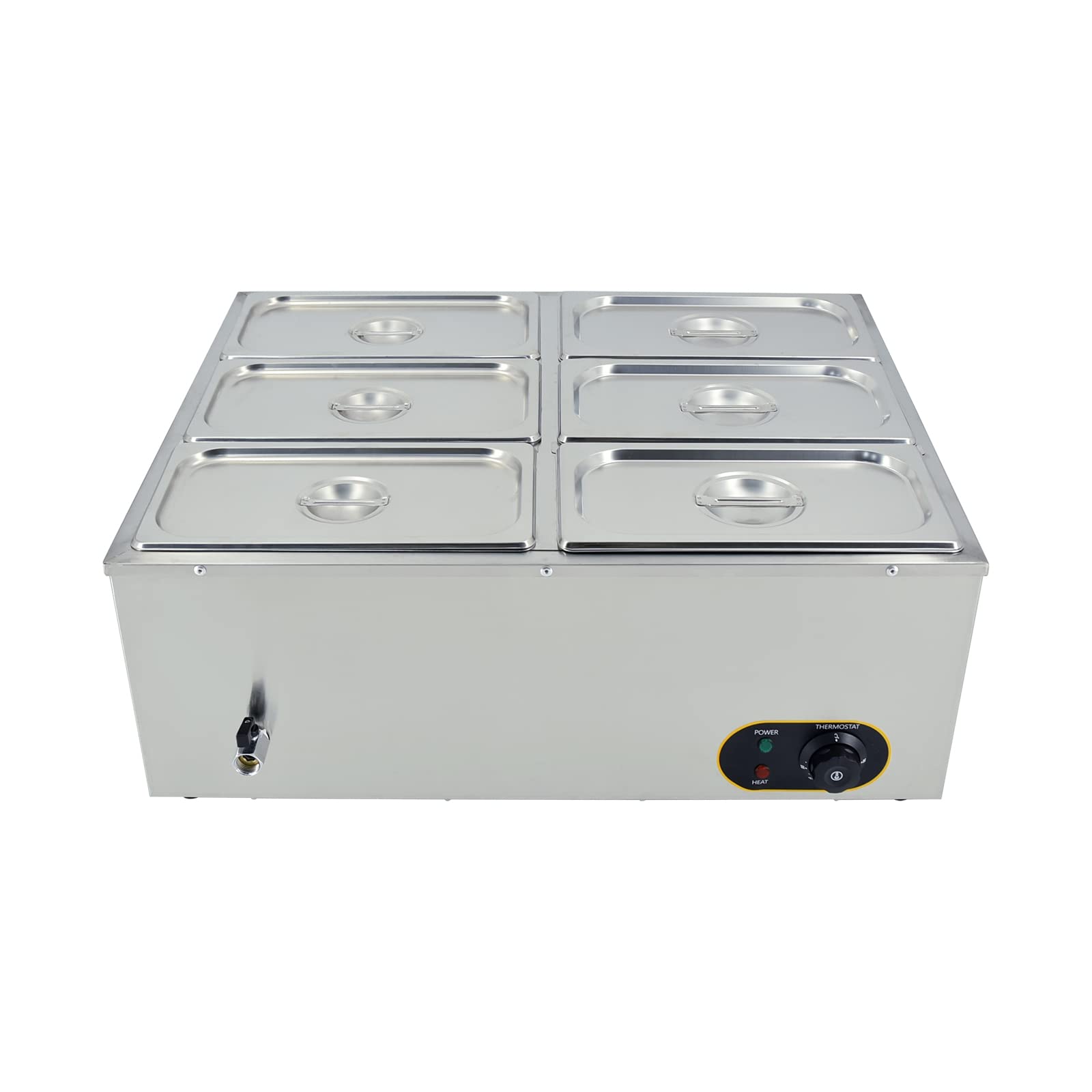 Scaldavivande elettrico commerciale, 1500 W, in acciaio inox, controllo della temperatura, include coperchi e rubinetto di scarico, 4 contenitori GN 1/2
