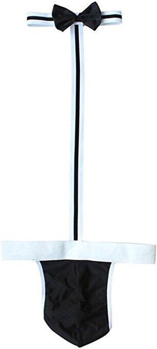 ZILucky Men's Bow Tie Bodysuit Thong Butler Teddy Mankini Costume Swimsuit Swimwear Underwear (Black)