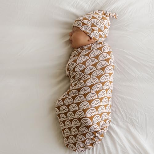 Image of Little Sleepies Swaddle & Hat Set, Baby Swaddles Newborns, Soft Viscose from Bamboo Swaddle Blanket Wrap (Rust Rainbows)