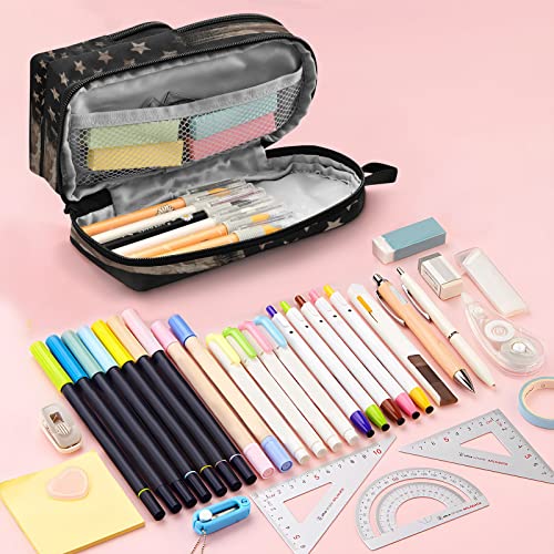 Image of American Flag Pencil Case Big Capacity Pen Bag with Compartment Students Schoolbag Shape Stationery Organizer Pencil Pouch Marker Case for School Office Work