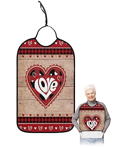 Valentines Adult Bibs for Eating, Waterproof Bibs with Food Catcher & Adjustable Snap Closure, Red Black Buaalo Plaid Love Heart Retro Wood Clothing Protectors Adult Bibs for Elderly Women/Men