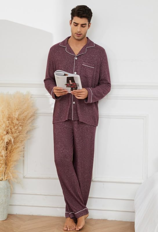 Vulcanodon Mens Pajama Set Ultra Soft Stretch Long Sleeve Lounge Pjs Button-Down lightweight & Warm Sleepwear4
