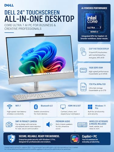 Image of Dell 24 inch Touchscreen All-in-One Desktop Computer - Core Ultra 7 AI PC for Business & Creative Professionals, 64GB DDR5 RAM, 2TB SSD, Win11 Pro, Bluetooth 6.0, WiFi 7, 24'' FHD Anti-Glare Display