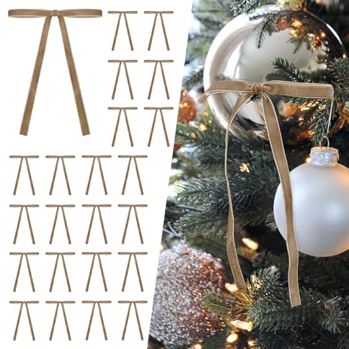 SIMISI RIBBON 24 Pcs Khaki Velvet Christmas Tree Bows Door Garland Decor Vintage Wreath Bow (3/8” Width, 5 * 7 inch)