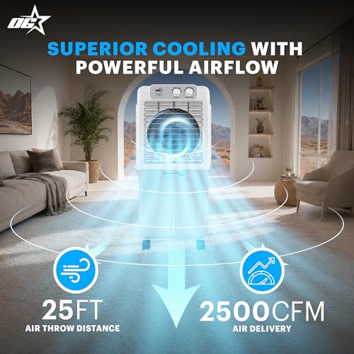 Image of OG STAR 55L Personal Air Cooler with Honeycomb Pads, 3-Speed Control, Water Level Indicator & Water Inlet Powerful Evaporative Cooler for Home, Office & Outdoor Use