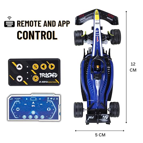 Image of Formula RC Racing Car for Kids 1:64 Scale Age 6+ Years | Mini Rechargeable Remote Control Sports Car with APP Control, LED Lights, 3 Speed Modes & Type-C Charging (Blue & White)