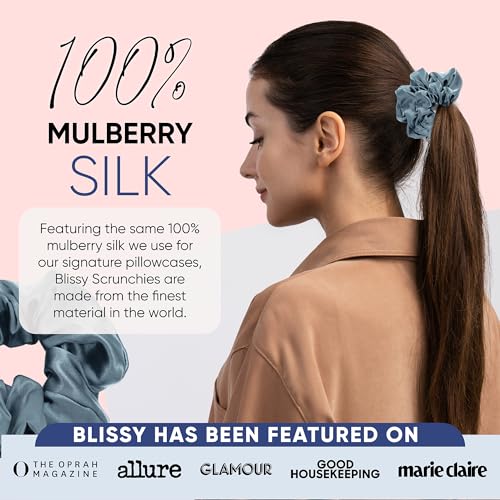 Image of Blissy Silk Scrunchies (3 Pack) - 100% Pure Mulberry Silk - 22 Momme 6A High-Grade Fibers Scrunchie for Straight & Curly Hair - Preventing Breakage, Tangling, & Creasing (Ash Blue Regular)