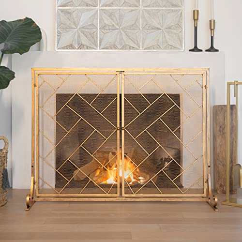 Barton 45\" x 33\" Fireplace Screen Wrought Iron Mesh 2 Panel Fire Door Cover Spark Guard, Distressed Finish - Gold