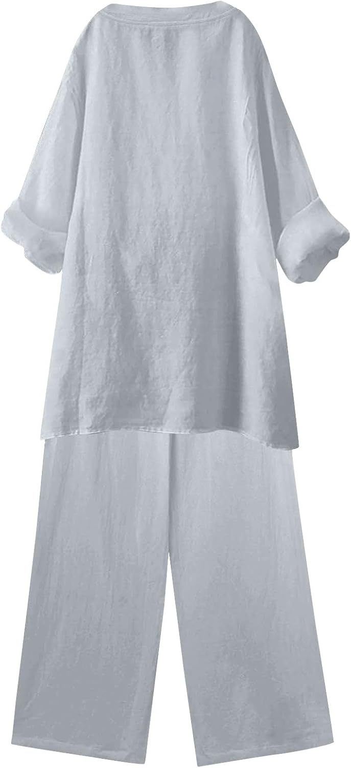 Cotton Linen Sets for Women 2 Piece Long Sleeve Button Shirts & Wide Leg Trousers Loose Dressy Matching Set Outfits