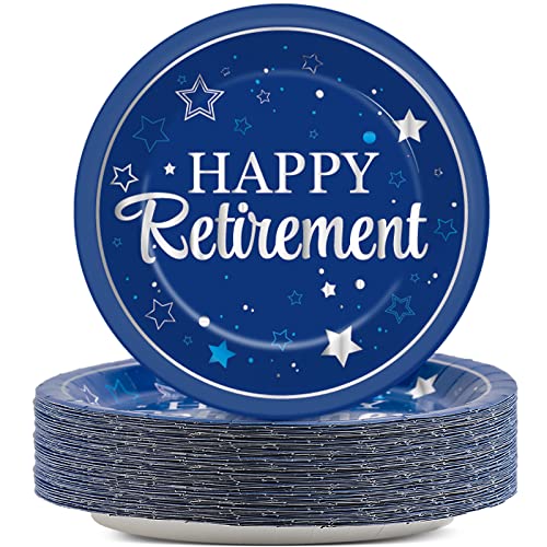 Image of Qyeahkj 48 Pcs Retirement Party Plates Happy Retirement Party Supplies Disposable Paper Dessert Plates Supplies Blue and Silver Lunch Dinner Cake Plates Tableware Decorations for Men Women