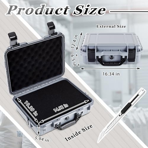 Image of Relaxweex 1 Pcs Waterproof Hard Case with DIY Customizable Foam Insert Portable Protective Case with Knife for Camera Drones Equipments Tools Test Instruments(Gray,16.3 x 12.4 x 6.5 Inch)