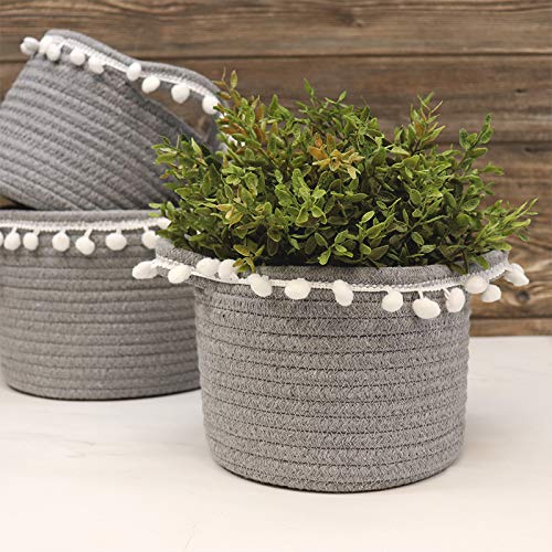 Miniatura 3 de Cesta mediana de 7.9in de diámetro de algodón natural, cesta de almacenamiento de tejido gris y blanco, cubo de juguetes pequeño, cesta de lino,