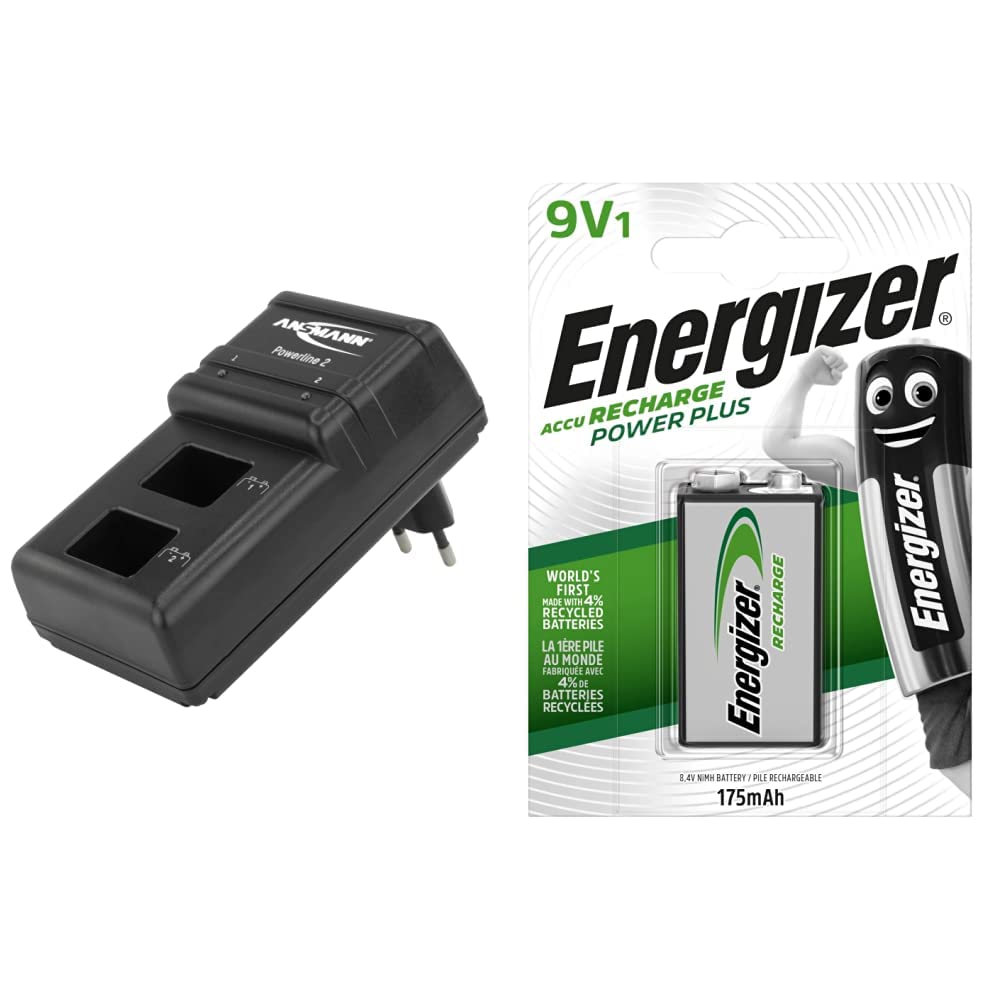 ANSMANN Chargeur de Piles Powerline 2 – Chargeur pour 1 à 2 Piles NiMH HR9V / Bloc 9V – Appareil de Recharge avec Affichage LED & Energizer Pile 9V Rechargeable, Recharge Power Plus, Pile Simple