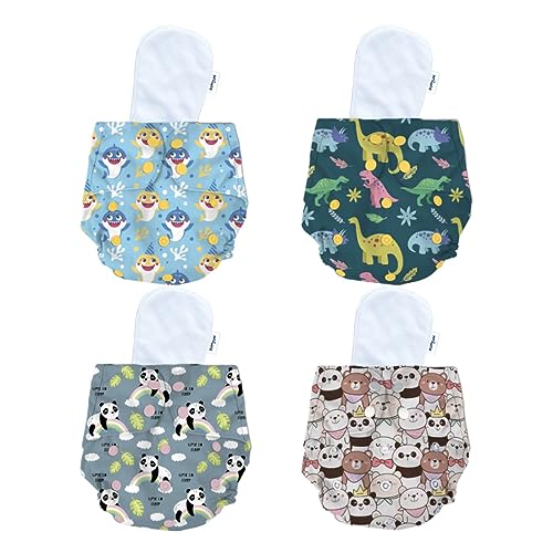 Image of Bumtum Baby Diaper | 0-3 Yrs Baby Freesize | Pack of 4, New Born Baby Diaper, Cloth Diaper, Waterproof Reusable Diaper, Washable, Cotton, Extra Soft (Teddy Face, Dinosaur, Baby Shark & Panda)