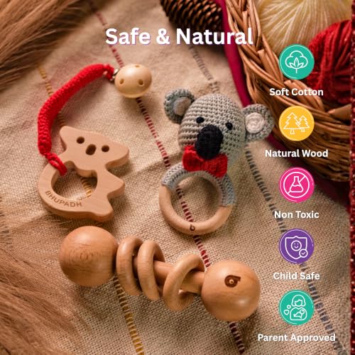 Image of Newborn Gift Box Koala Collection 2 (0-12 Months) | 3-in-1 Set with Crochet Rattle, Wooden Dumbbell Ring Rattle & Koala Teether | Montessori Baby Toy| BPA Free | Non-Toxic Cotton & Beechwood | Gift Box