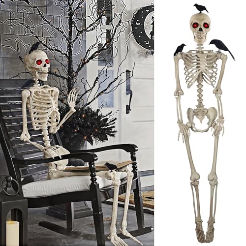 DR.DUDU 5ft Skeleton Life Size Halloween Decor with 3 Pcs Crows, Large Posable Skeletons with Glowing Eyes, Indoor Outdoor Halloween Graveyard Porch Patio Decorations Haunted House Prop