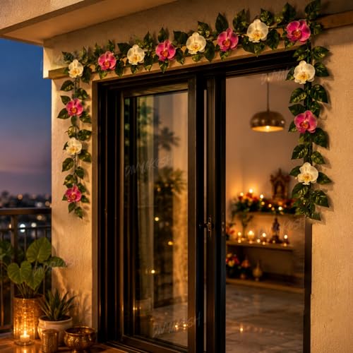 Image of Divyakosh Mango Leaf Vine /Creeper with Orchid Flowers for Door Entrance Decor 80 Inch | 14 Orchid Flowers Hanging Thoran /Bandarwal /Garland for Diwali Ganpati Mandir Festive Decoration
