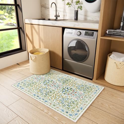 Image of Washable Entry Rug 2x3 Feet, Non-Slip Indoor Entryway Bathroom Kitchen Mat, Vintage Floral Design Rug Perfect for Entryway Decor
