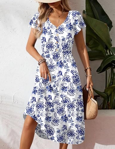 Image of Zeagoo Women's Summer Casual Dress Flutter Short Sleeve V Neck Button Down Tiered Flowy Long Dress with Pockets