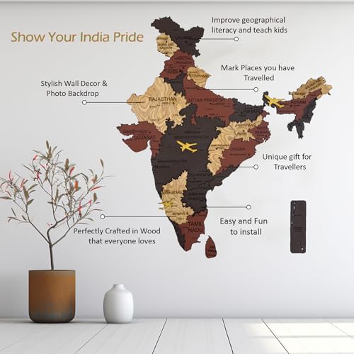 Image of Elk Wooden 3D India Map Wall Decor With All State Names and Capital Cities, Perfect Home Office Wall Decor for Travel Enthusiasts | Size : XXL(180x164 CM)